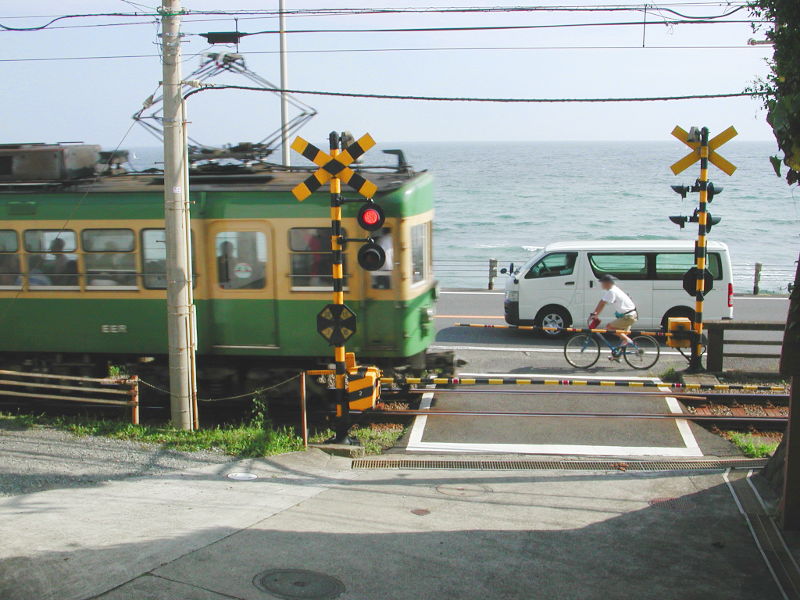 実物の江ノ電・鎌倉高校前駅の踏切 実物の江ノ電・鎌倉高校前駅の踏切